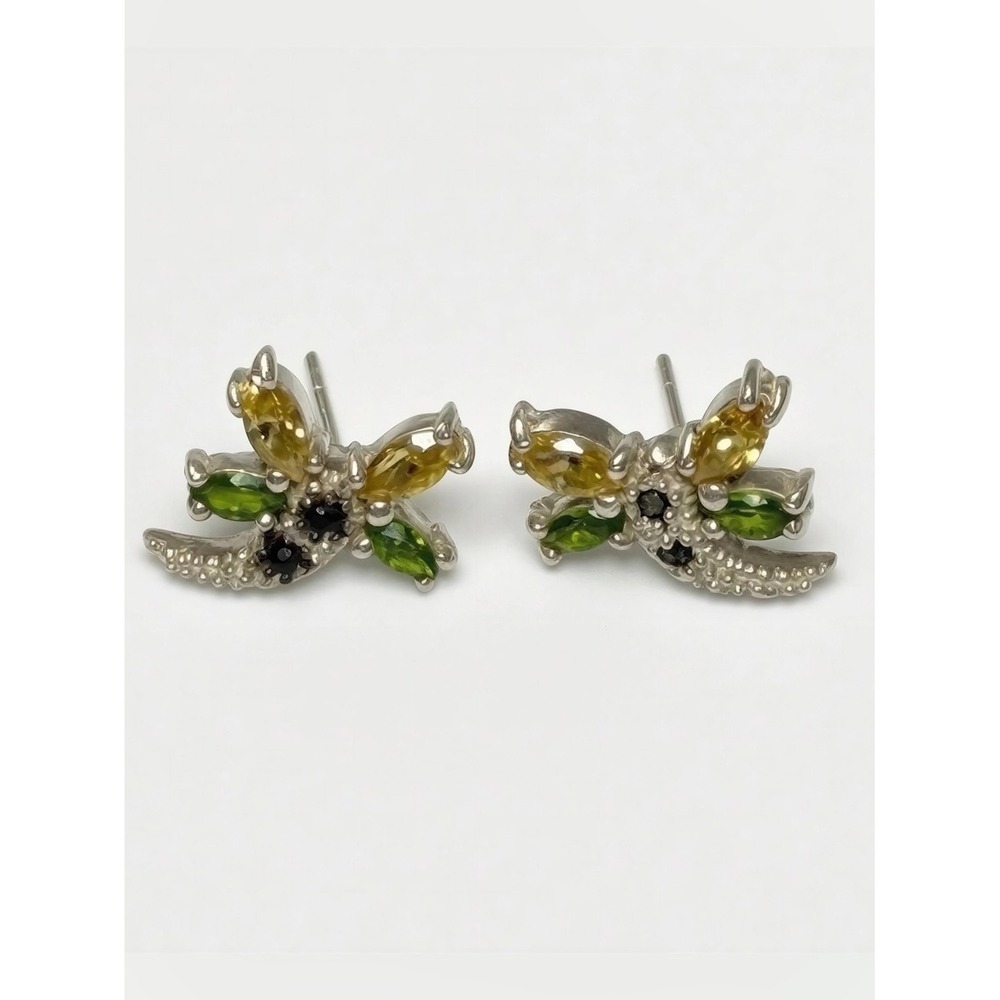 Sterling Silver 925 Dragonfly Stud Earrings Yellow Green Gemstone Nature Jewelry
